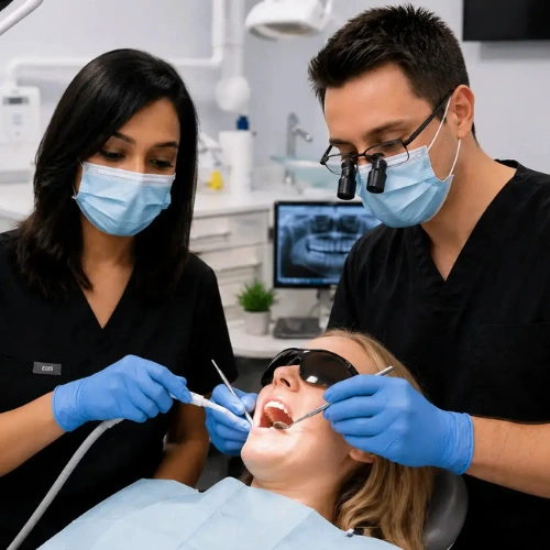 dentist in mississauga and dental assistant performing a precision procedure